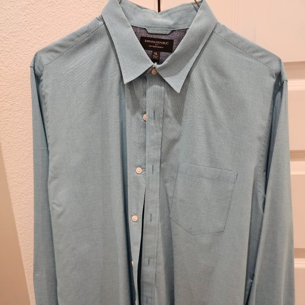 Men Banana Republic Mint/Whit Striped Dress Shirt Soft Wash Slim Fit XL